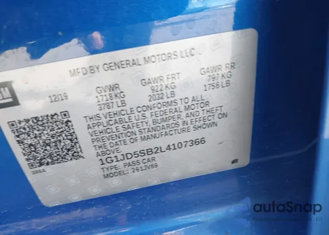 2020 Chevrolet Sonic Fwd Lt from USA, damaged, VIN 1G1JD5SB2L4107366